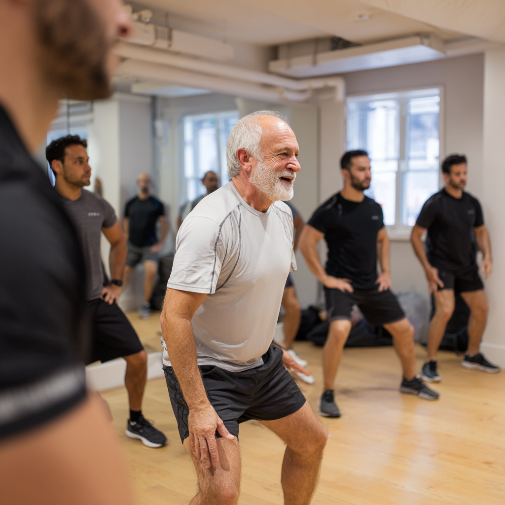 Тренер у віці 55 років демонструє правильну техніку виконання вправ групі учасників, всі зосереджені та активно виконують рухи