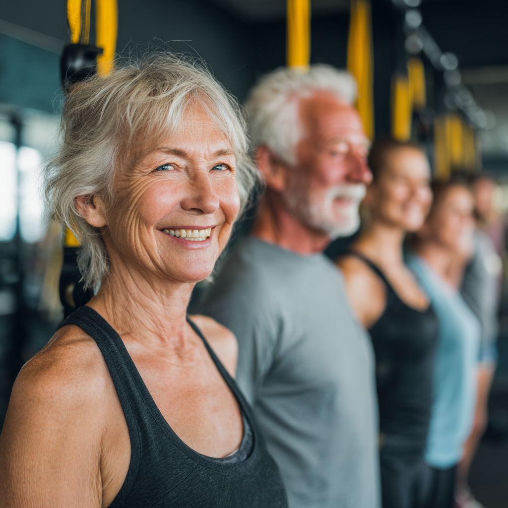 Група людей 50-60 років виконує функціональні вправи у сучасному фітнес-залі, усі посміхаються та демонструють активність