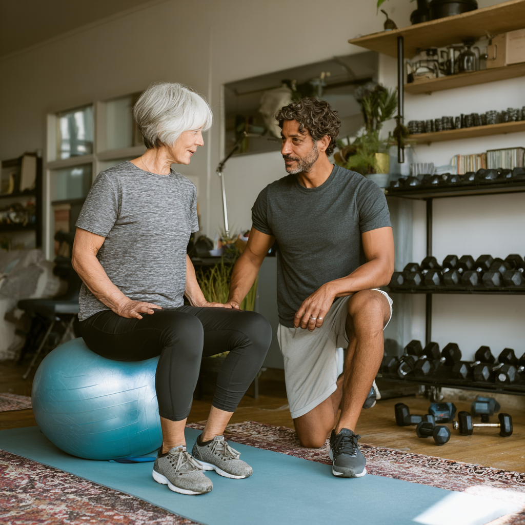 Персональний тренер працює з клієнтом віком близько 60 років, показуючи правильну техніку виконання вправ у затишному фітнес-просторі